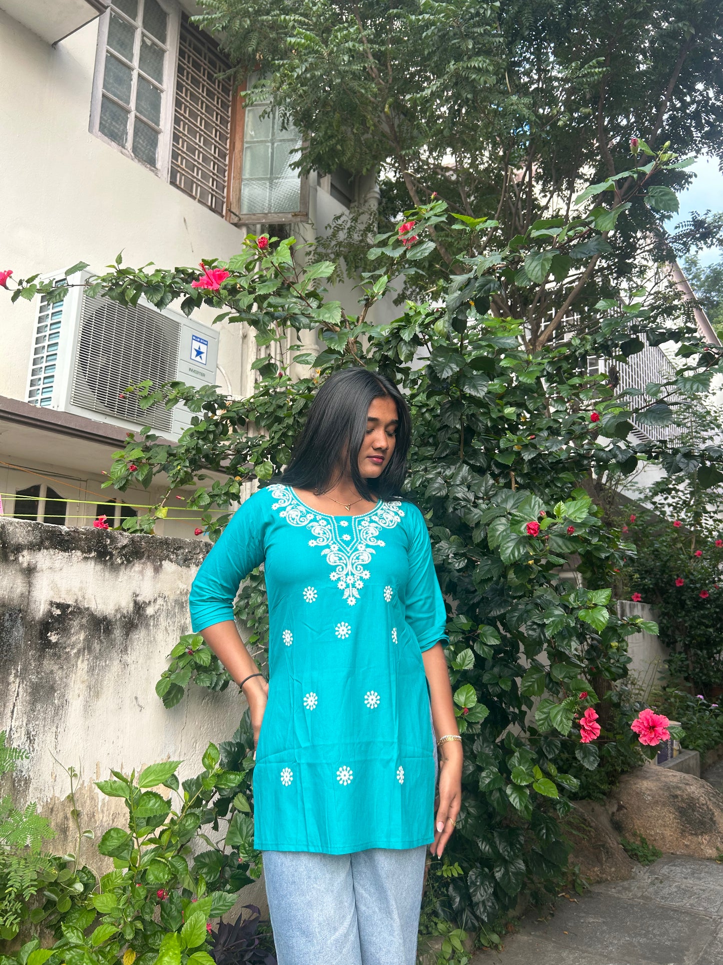 Khwaab (Teal blue refreshing embroidered kurti)