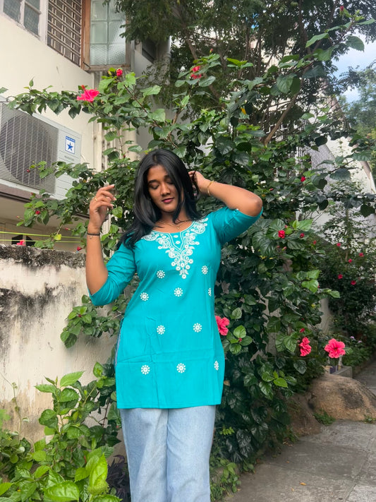 Khwaab (Teal blue refreshing embroidered kurti)
