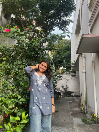 Tara  (Charcoal grey embroidered top)