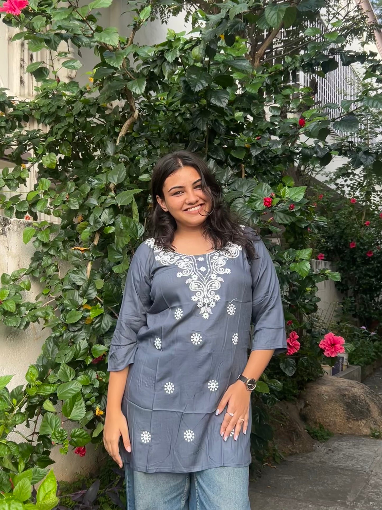 Tara  (Charcoal grey embroidered top)