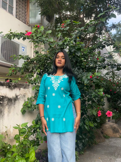 Khwaab  (Teal blue refreshing embroidered kurti)