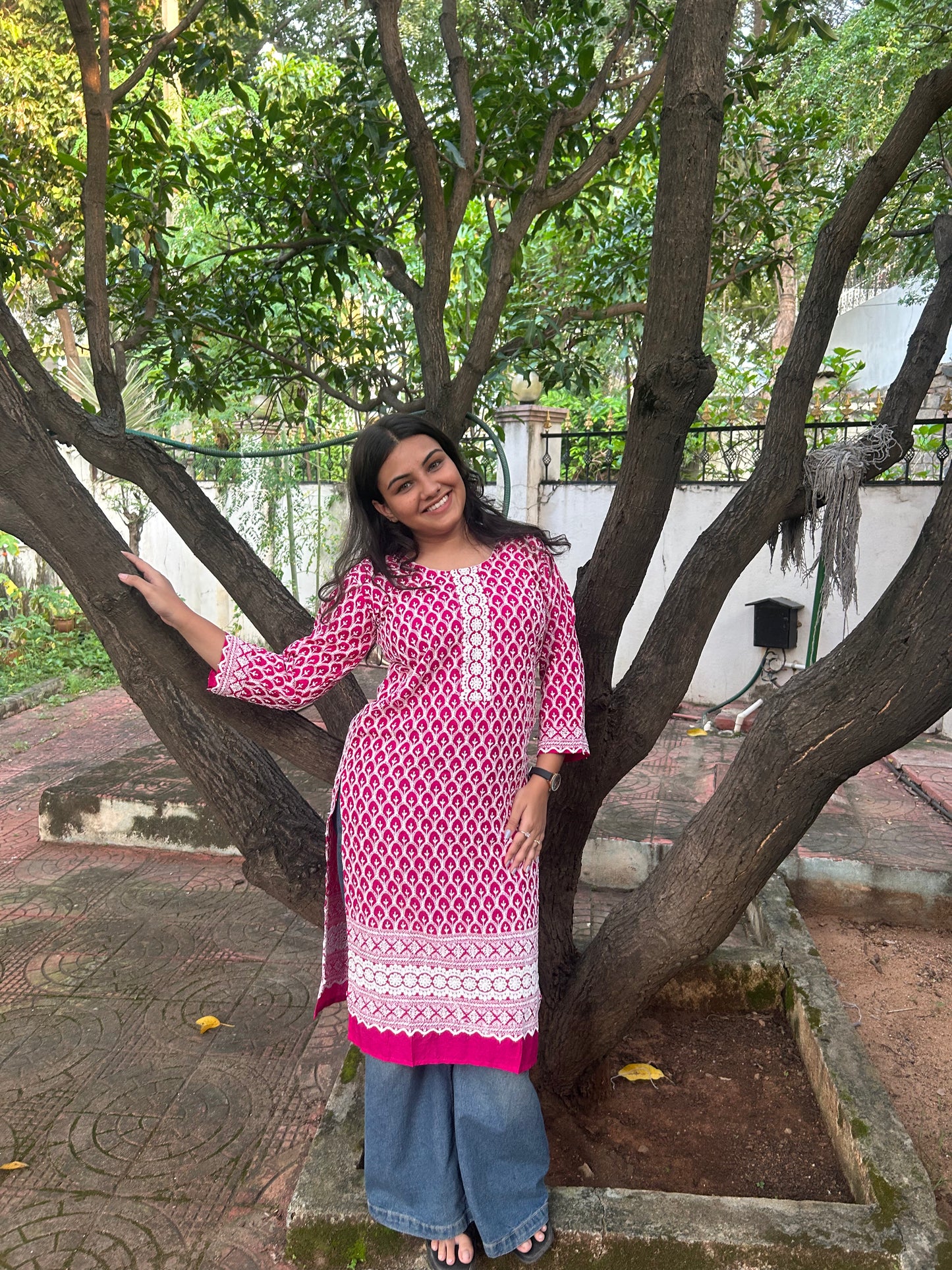 Meher  (Dark pink chikankari kurti - front and back work)