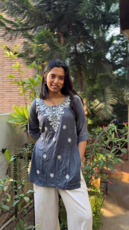 Tara  (Charcoal grey embroidered top)