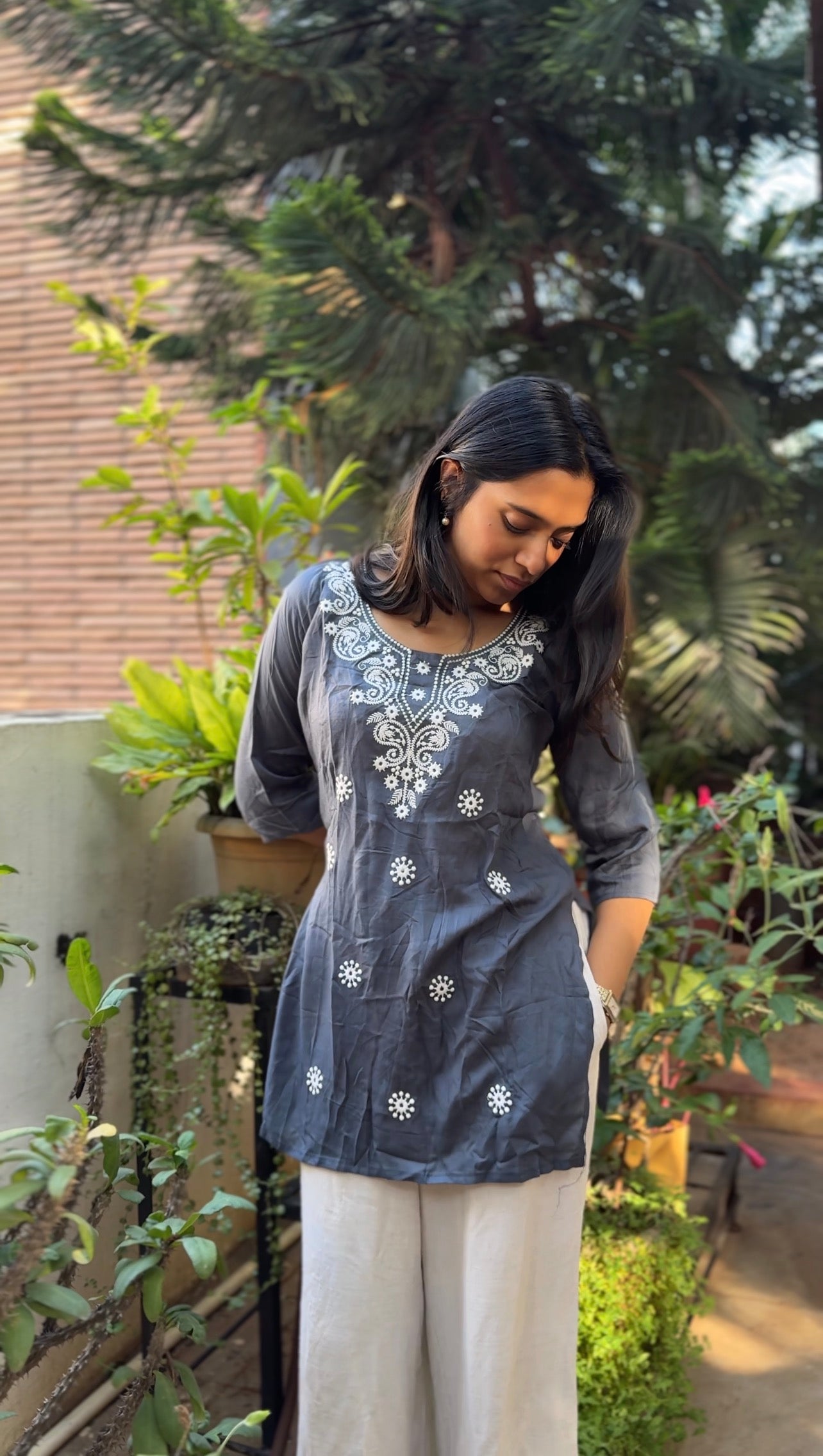 Tara  (Charcoal grey embroidered top)