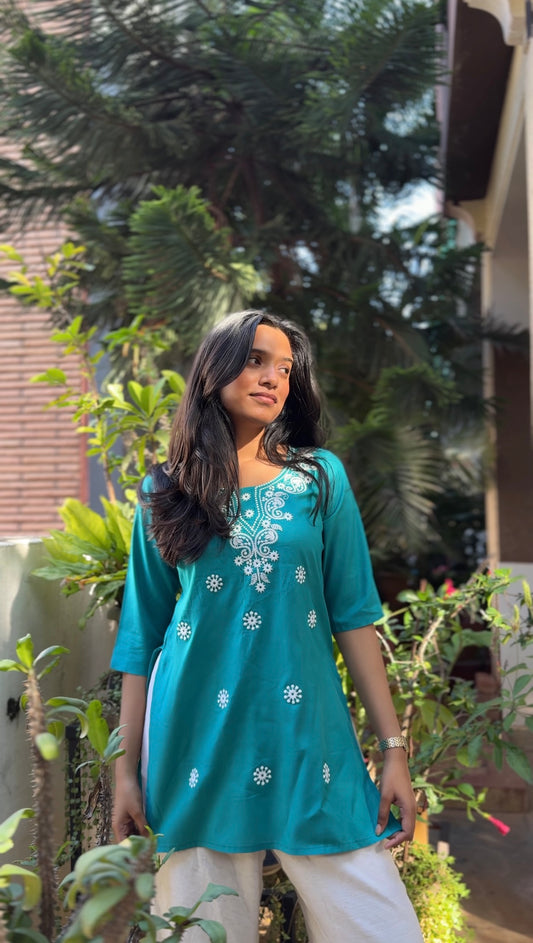 Khwaab  (Teal blue refreshing embroidered kurti)